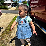 Diana is registered to the contest to win money with this photo: toddler, child, girl, portrait, outdoor, sunny, denim_overalls, minnie_mouse, hair_bow, ponytail, sandals, side_profile, standing, red_truck, vehicle, driveway, suburban, house, blue_sky, daylight
