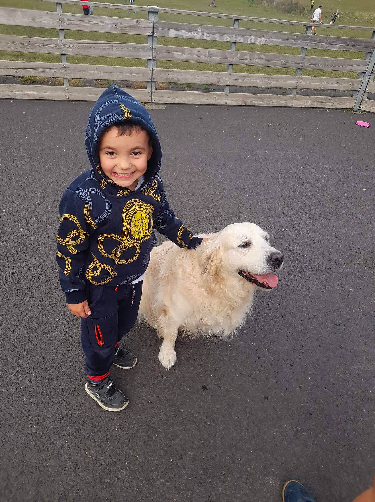 Hugo participe au concours pour gagner de l'argent avec cette photo : american_eskimo_dog, canidae, carnivore, companion_dog, dog, dog_breed, fence, fun, fur, great_pyrenees, headwear, joy, leash, livestock_guardian_dog, maremma_sheepdog, person, pet_supply, slovak_cuvac, smile, sneakers