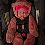 baby, infant, car_seat, pink, bow, sleeping, fur_suit, child, cute, harness, seatbelt, adorable, headgear, child_seat, soft, cozy, portrait, indoor, baby_clothing, toddler