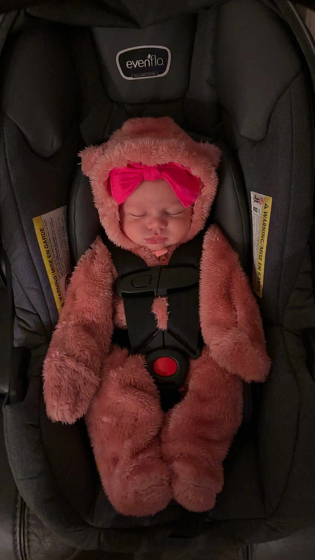 Noelle joined the competition — help win amazing prizes! baby, infant, car_seat, pink, bow, sleeping, fur_suit, child, cute, harness, seatbelt, adorable, headgear, child_seat, soft, cozy, portrait, indoor, baby_clothing, toddler