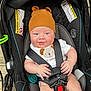 Kaisyn is registered to the contest to win money with this photo: baby, car_seat, infant, hat, bear_ears, onesie, smile, pacifier, straps, safety, child, cute, happy, indoors, seatbelt, clothing, face, headwear, person, wood_flooring