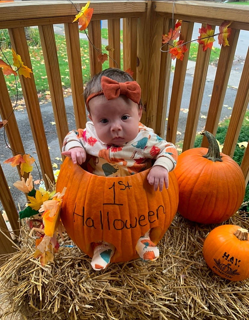 Sierra is registered to the contest to win money with this photo: baby, baby_toddler_clothing, calabaza, child, cucurbita, dress, fence, gourd, grass, happy, natural_foods, orange, people, person, plant, pumpkin, squash, toddler, vegetable, winter_squash