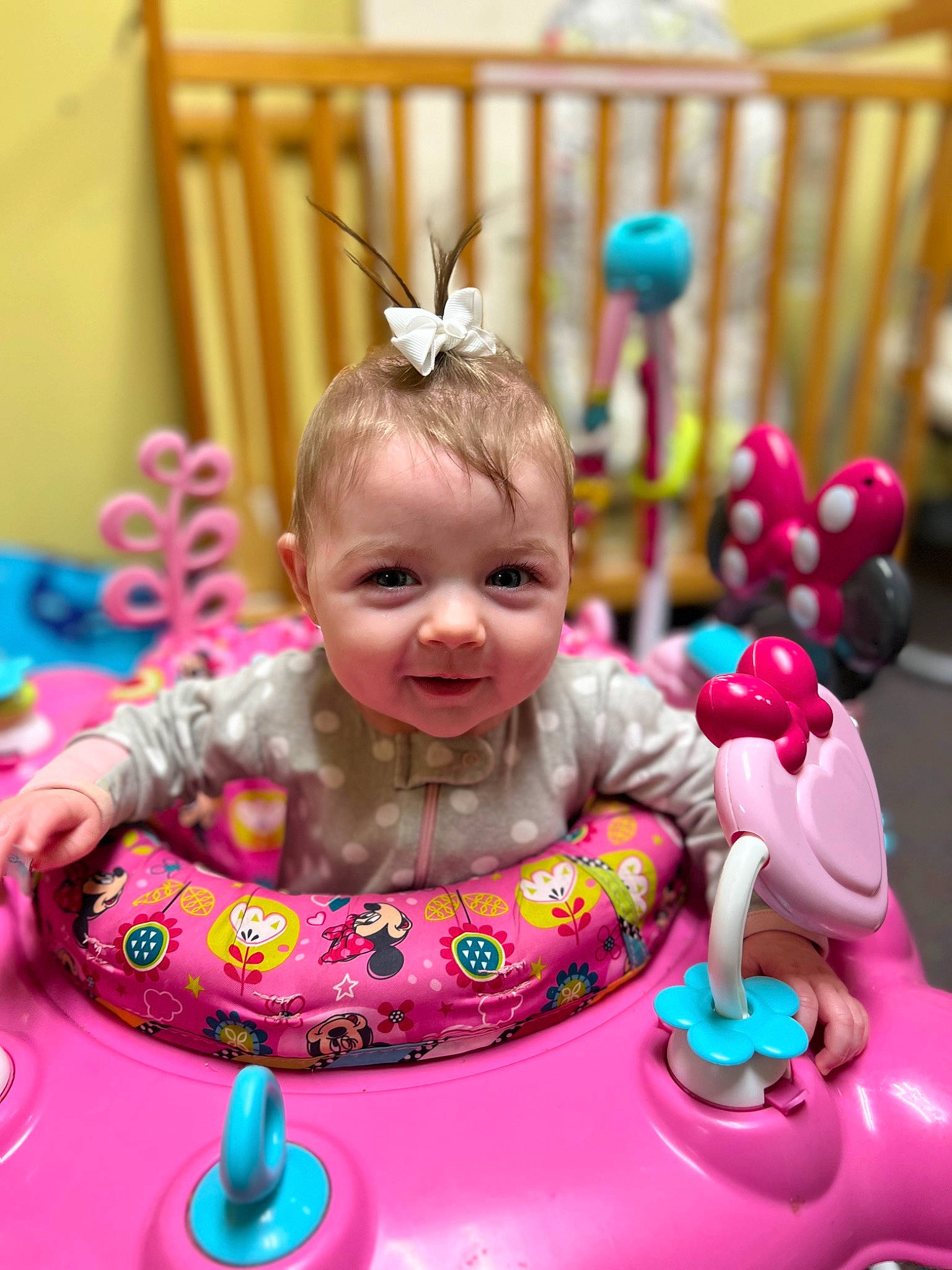 Oaklee joined the competition — help win amazing prizes! baby, baby_playing_with_toys, baby_products, baby_toddler_clothing, baby_toys, child, event, facial_expression, fun, happy, joy, leisure, magenta, person, pink, play, recreation, riding_toy, sitting, smile