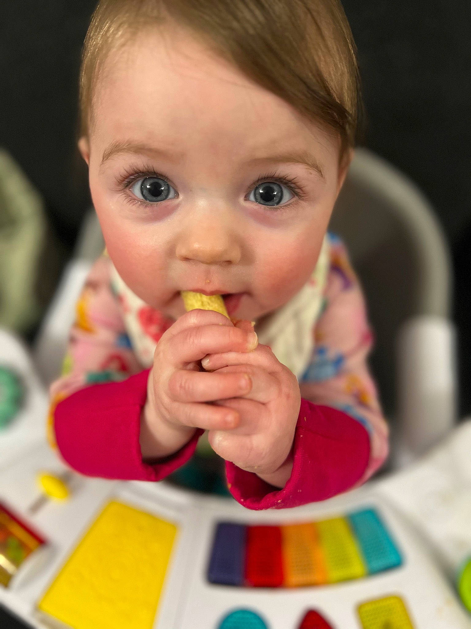 Oaklee joined the competition — help win amazing prizes! baby, baby_playing_with_food, biting, cheek, child, comfort_food, eating, eyelash, finger, food_craving, fun, junk_food, lip, mouth, nose, person, sharing, sweetness, table, toddler