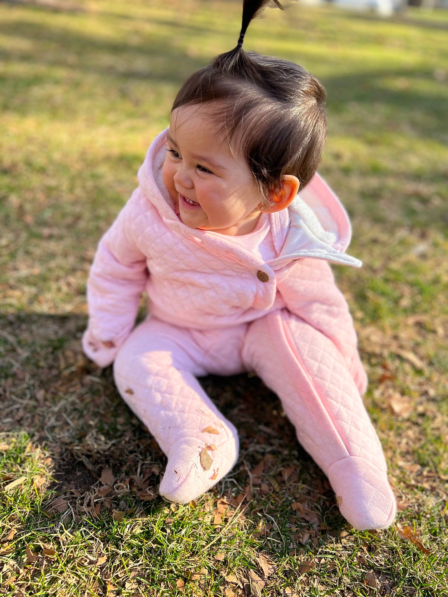 Anela is registered to the contest to win money with this photo: baby, baby_toddler_clothing, beauty, child, dress, eye, face, grass, grassland, happy, head, joy, lawn, mammal, people_in_nature, person, plant, recreation, smile, soil