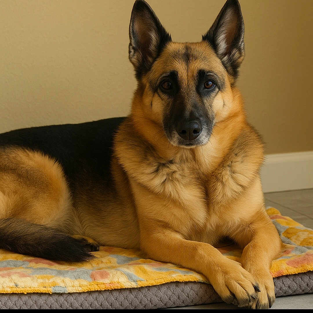 Ellie is registered to the contest to win money with this photo: animal, black, blanket, brown, calm, canine, comfort, dog, ears, face, floor, fur, german_shepherd, home, indoor, looking, lying_down, paws, pet, portrait