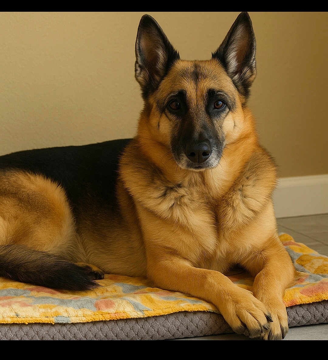 Ellie is registered to the contest to win money with this photo: animal, black, blanket, brown, calm, canine, comfort, dog, ears, face, floor, fur, german_shepherd, home, indoor, looking, lying_down, paws, pet, portrait