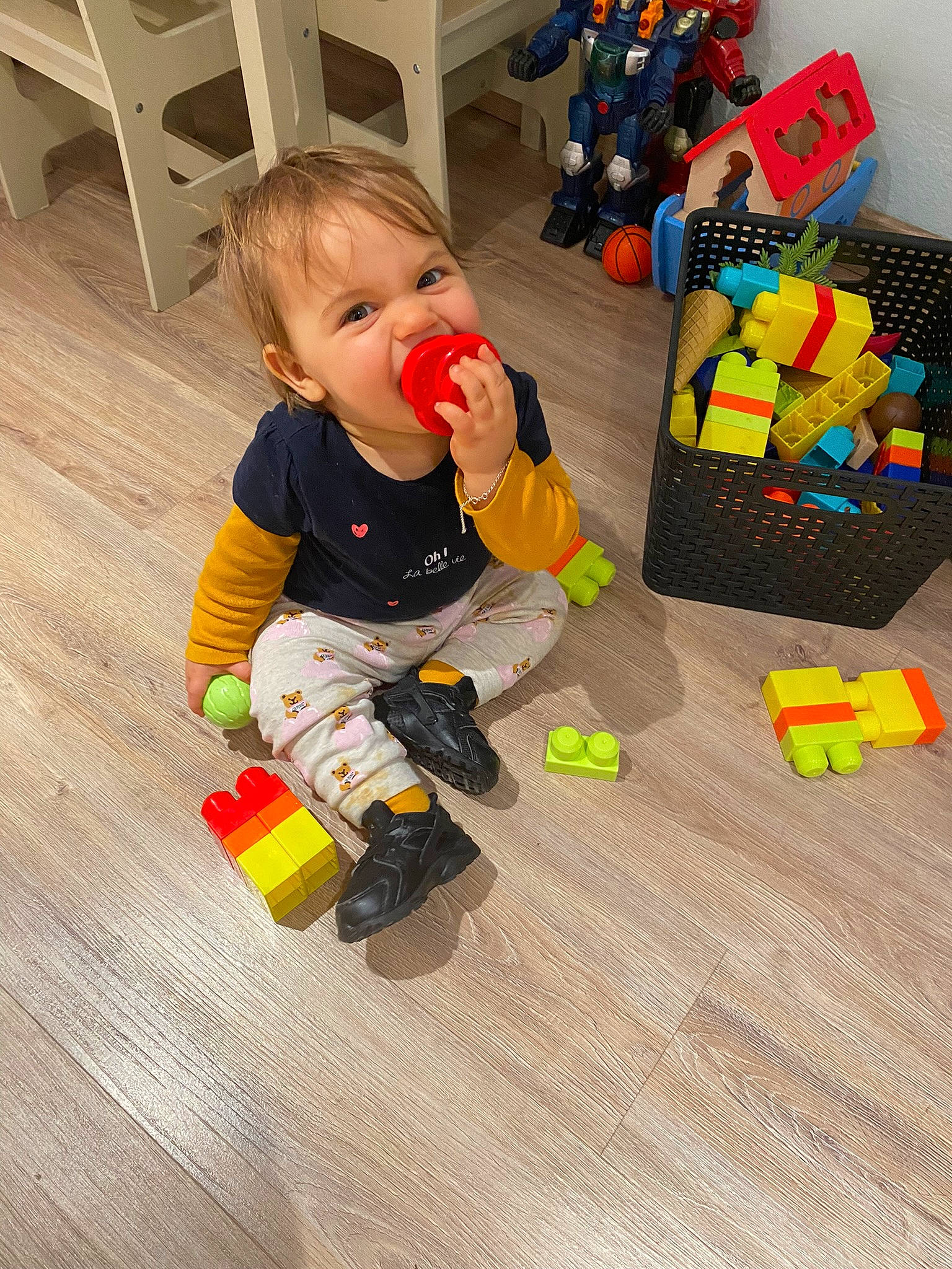 Maïssa participe au concours pour gagner de l'argent avec cette photo : baby, baby_products, baby_toddler_clothing, baby_toys, child, construction_set_toy, educational_toy, flooring, fun, hardwood, interlocking_block, person, plastic, play, room, sitting, toddler, toy, toy_block, wood