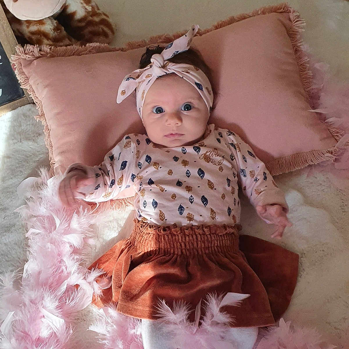 Louna participe au concours pour gagner de l'argent avec cette photo : baby_toddler_clothing, comfort, embellishment, eye, hair_accessory, happy, head, headpiece, iris, pattern, peach, pink, product, ruffle, sleeve, smile, toddler, toy, white, wood
