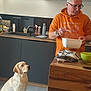 Gaia participe au concours pour gagner de l'argent avec cette photo : appliance, bowl, cleaning_supplies, countertop, dog, floor, food_preparation, glasses, golden_retriever, home, indoor, kitchen, man, mixing, orange_hoodie, person, pet, tile_floor, waiting, wooden_cabinets