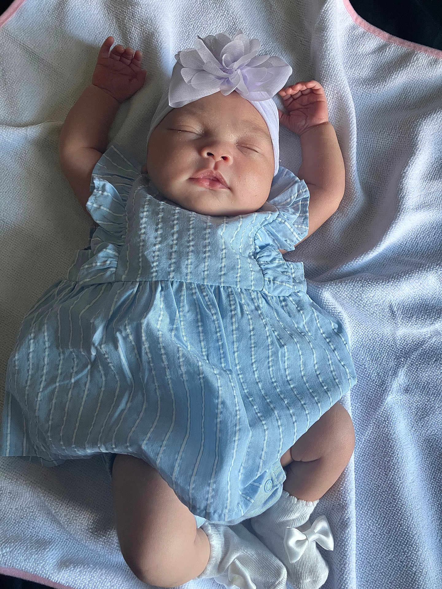 Gianna joined the competition — help win amazing prizes! baby, sleeping, blue_dress, headband, white_bow, socks, blanket, infant, child, cute, peaceful, soft_light, portrait, indoors, resting, newborn, hands_up, sleep, adorable, cozy