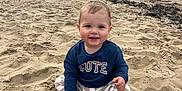 Joey is registered to the contest to win money with this photo: toddler, child, beach, sand, cloudy_sky, smiling, sitting, blue_shirt, checkered_pants, barefoot, happy, outdoor, nature, coast, sea, shore, person, cute, casual_clothing, daytime