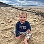 toddler, child, beach, sand, cloudy_sky, smiling, sitting, blue_shirt, checkered_pants, barefoot, happy, outdoor, nature, coast, sea, shore, person, cute, casual_clothing, daytime