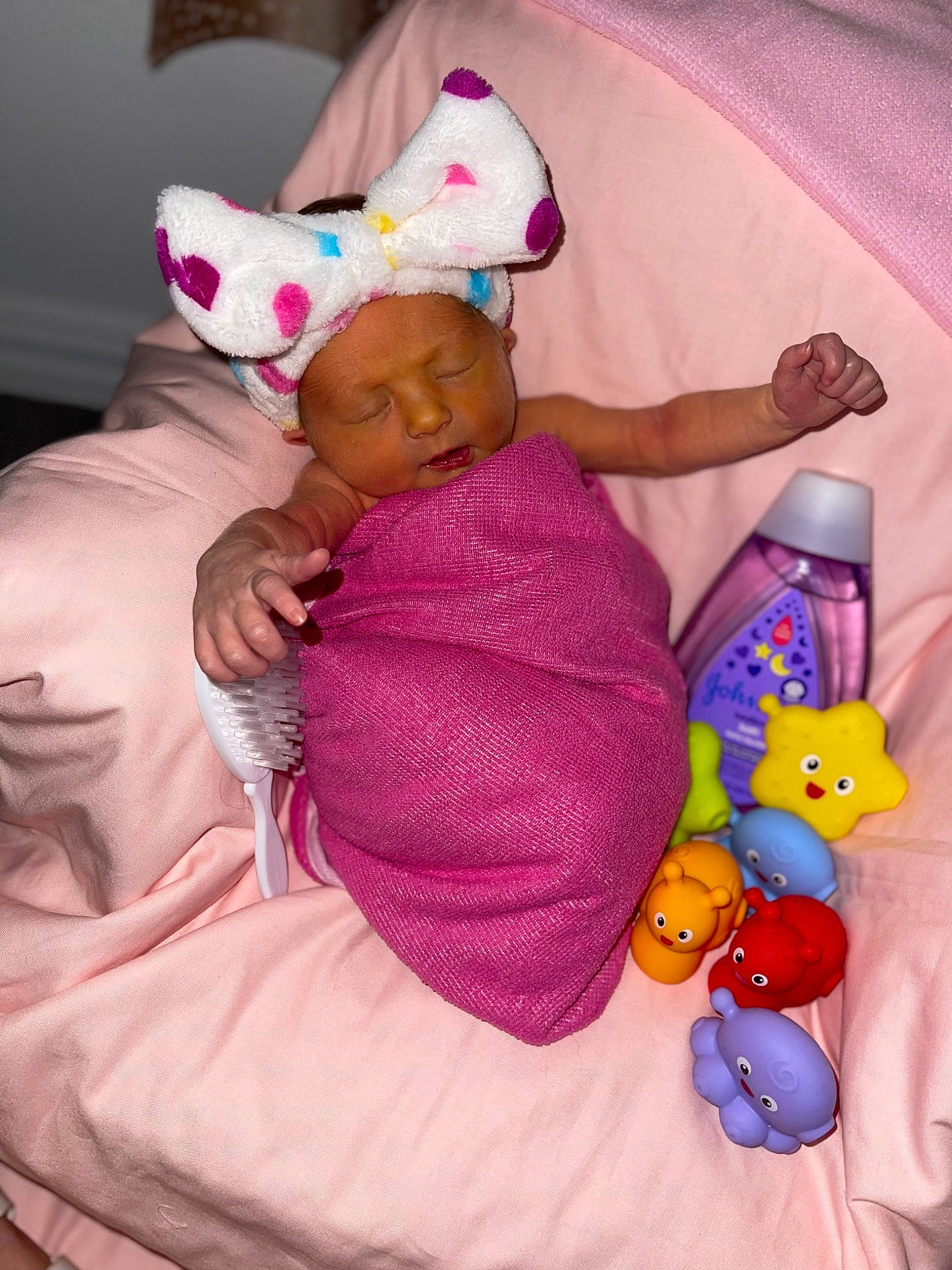 Brayleigh joined the competition — help win amazing prizes! arm, baby, baby_products, baby_toddler_clothing, cheek, child, comfort, finger, hand, headwear, lap, linens, magenta, person, pink, purple, room, skin, stuffed_toy, textile