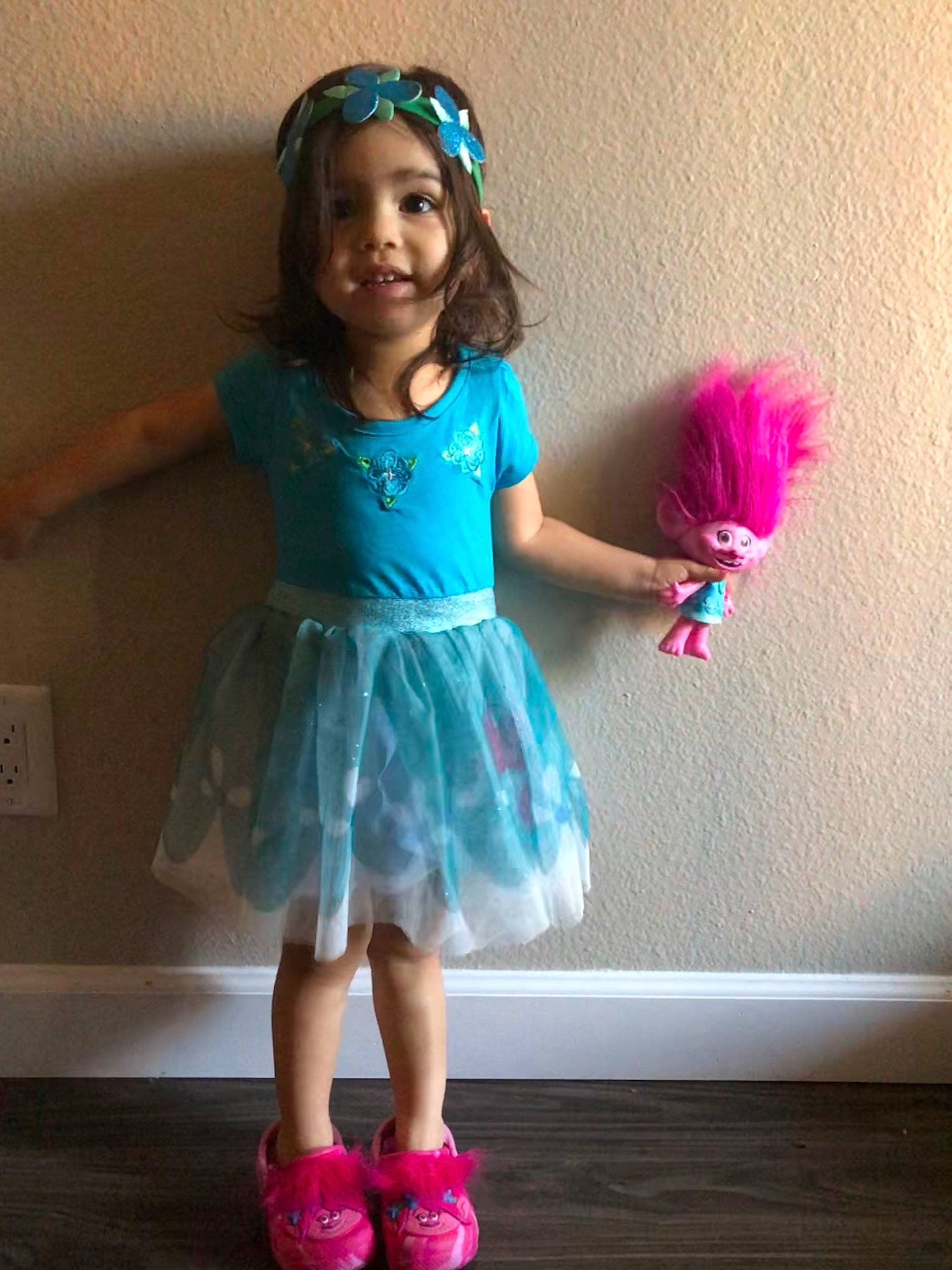 Xianette joined the competition — help win amazing prizes! baby_toddler_clothing, child, clothing, costume, dress, fashion_accessory, footwear, hair_accessory, headband, headwear, magenta, person, pink, shoe, smile, toddler, turquoise