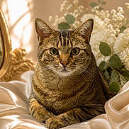 Rebell is registered to the contest to win money with this photo: cat, tabby, animal, pet, feline, fur, whiskers, flower, bouquet, leaf, silk, fabric, golden_light, portrait, closeup, indoor, relaxed, resting, cute, cozy