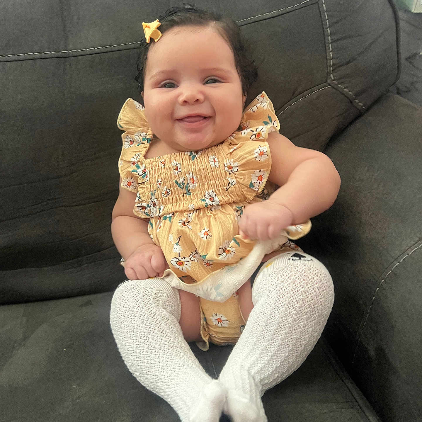 Kaida joined the competition — help win amazing prizes! accessories, baby, babylaughing, chair, clothing, couch, cushion, face, furniture, happy, head, homedecor, hosiery, pants, person, photography, portrait, sitting, smile, sock