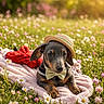 dog, puppy, dachshund, hat, bow_tie, blanket, flower, grass, outdoor, sunlight, meadow, cute, animal, pet, nature, spring, relaxing, portrait, small_dog, warm_light