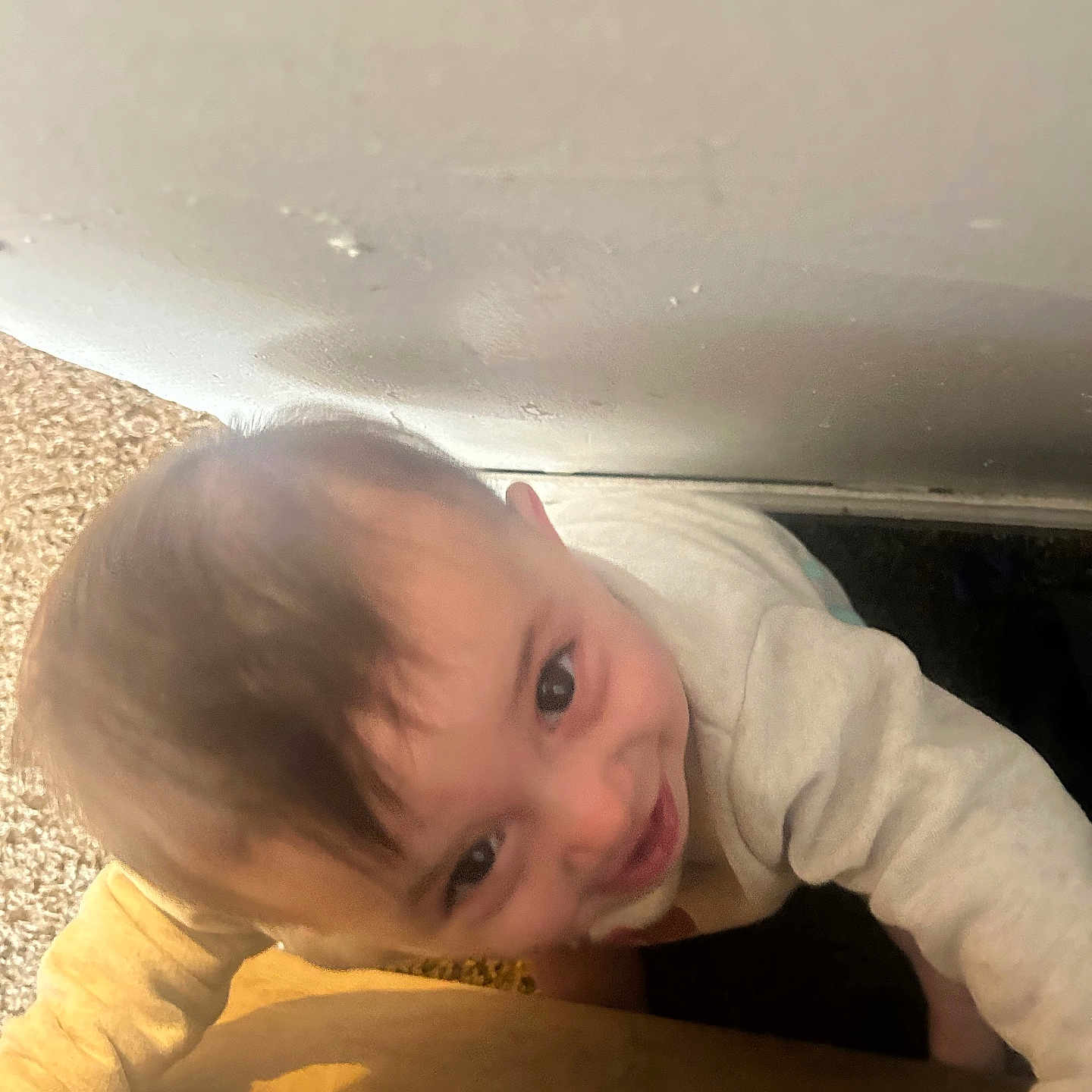 Sophie is registered to the contest to win money with this photo: toddler, child, smiling, indoor, carpet, wall, curious, person, face, baby, candid, young_child, reaching, clothing, head, hair, light, shadow, floor, expression