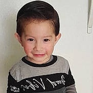 Dominique is registered to the contest to win money with this photo: boy, casual_clothing, child, cute, expression, eyebrows, eyes, face, friendly, hair, indoor, neatly_combed_hair, person, portrait, shirt, skin, smile, standing, white_wall, young
