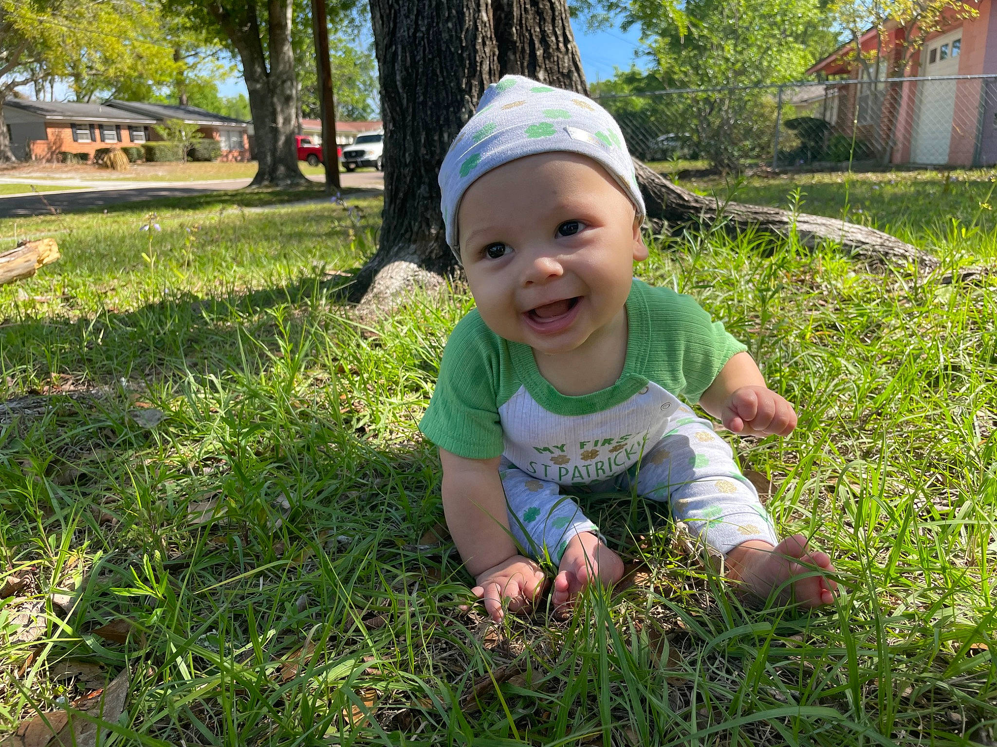 Aiden is registered to the contest to win money with this photo: baby, baby_toddler_clothing, botany, child, fun, grass, grass_family, grassland, groundcover, happy, hat, headwear, joy, lawn, leaf, people_in_nature, person, plant, smile, summer