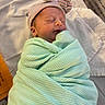 newborn, baby, sleeping, wrapped, blanket, hat, striped, hospital, bed, towel, infant, cute, peaceful, soft, portrait, child, swaddled, resting, headwear, indoors