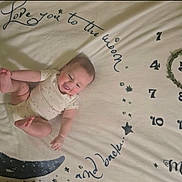 Harmony is registered to the contest to win money with this photo: baby, blanket, calendar, child, clothing, cute, decorative, face, happy, indoor, infant, joyful, lying_down, months, moon, playful, skin, smiling, soft, stars