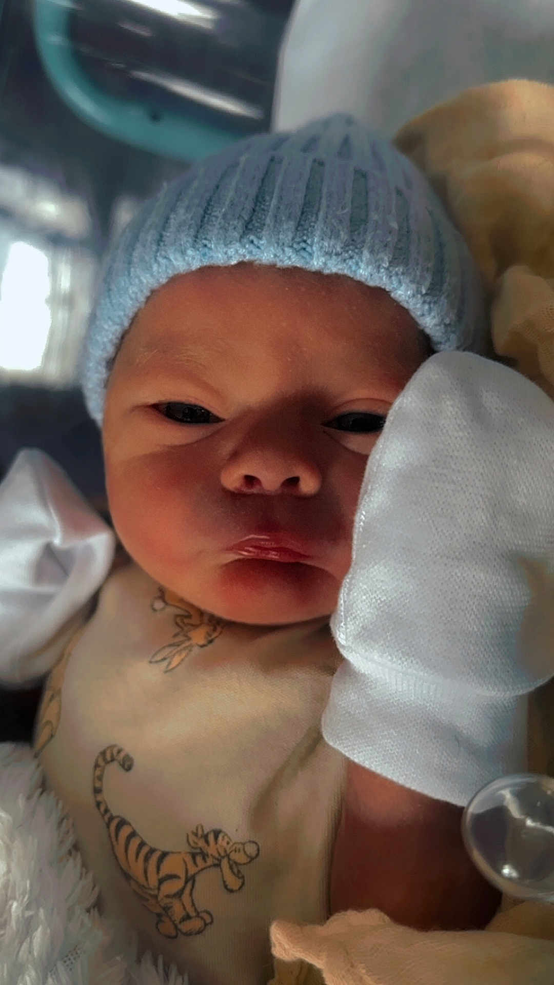 Oakley joined the competition — help win amazing prizes! newborn, baby, infant, hat, mittens, clothing, face, portrait, cute, tiger_cartoon, blanket, sleepwear, indoors, closeup, soft_lighting, expression, human, child, baby_clothes, swaddled
