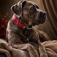 Uska participe au concours pour gagner de l'argent avec cette photo : animal, blanket, brindle_coat, brown, calm, canine, cozy, dog, domestic_animal, ears, furniture, indoor, muscular, pet, portrait, red_collar, relaxed, resting, side_view, soft_texture