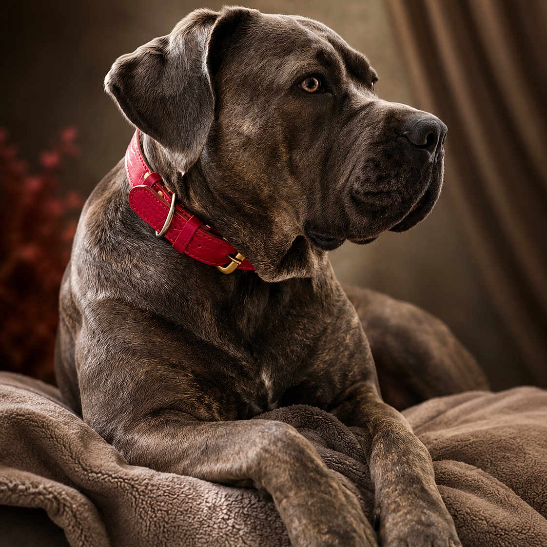Uska participe au concours pour gagner de l'argent avec cette photo : animal, blanket, brindle_coat, brown, calm, canine, cozy, dog, domestic_animal, ears, furniture, indoor, muscular, pet, portrait, red_collar, relaxed, resting, side_view, soft_texture