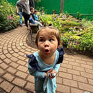 Alayah joined the competition — help win amazing prizes! bench, blue_dress, brick_path, casual_clothing, child, children, curious, expression, flowers, garden, greenhouse, indoor, nature, path, people, person, pigtails, plants, shoes, toddler