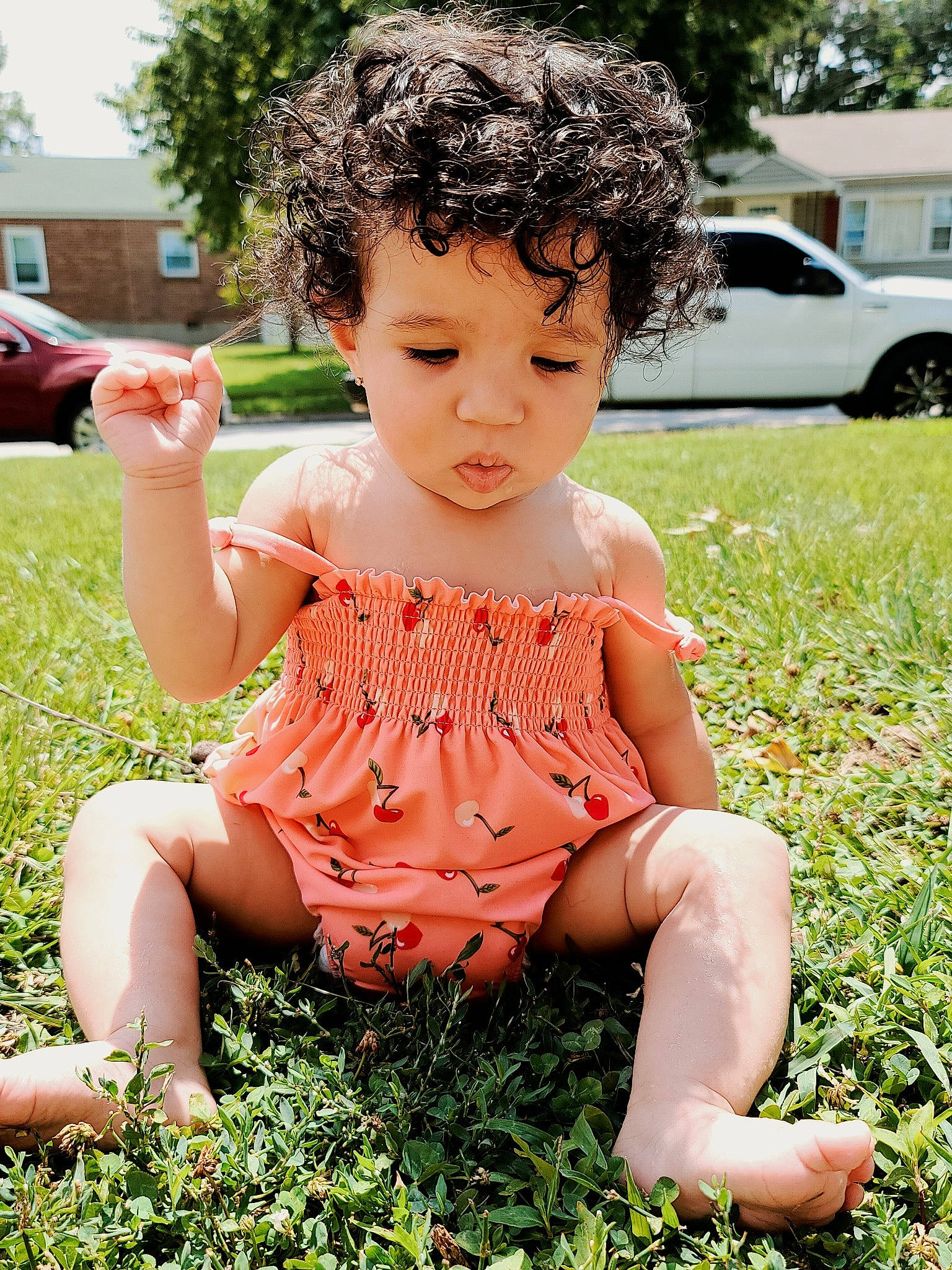 Viviana joined the competition — help win amazing prizes! baby, brown_hair, cheek, child, child_model, finger, grass, grass_family, green, hand, lawn, leg, nose, person, photography, plant, play, sitting, skin, summer