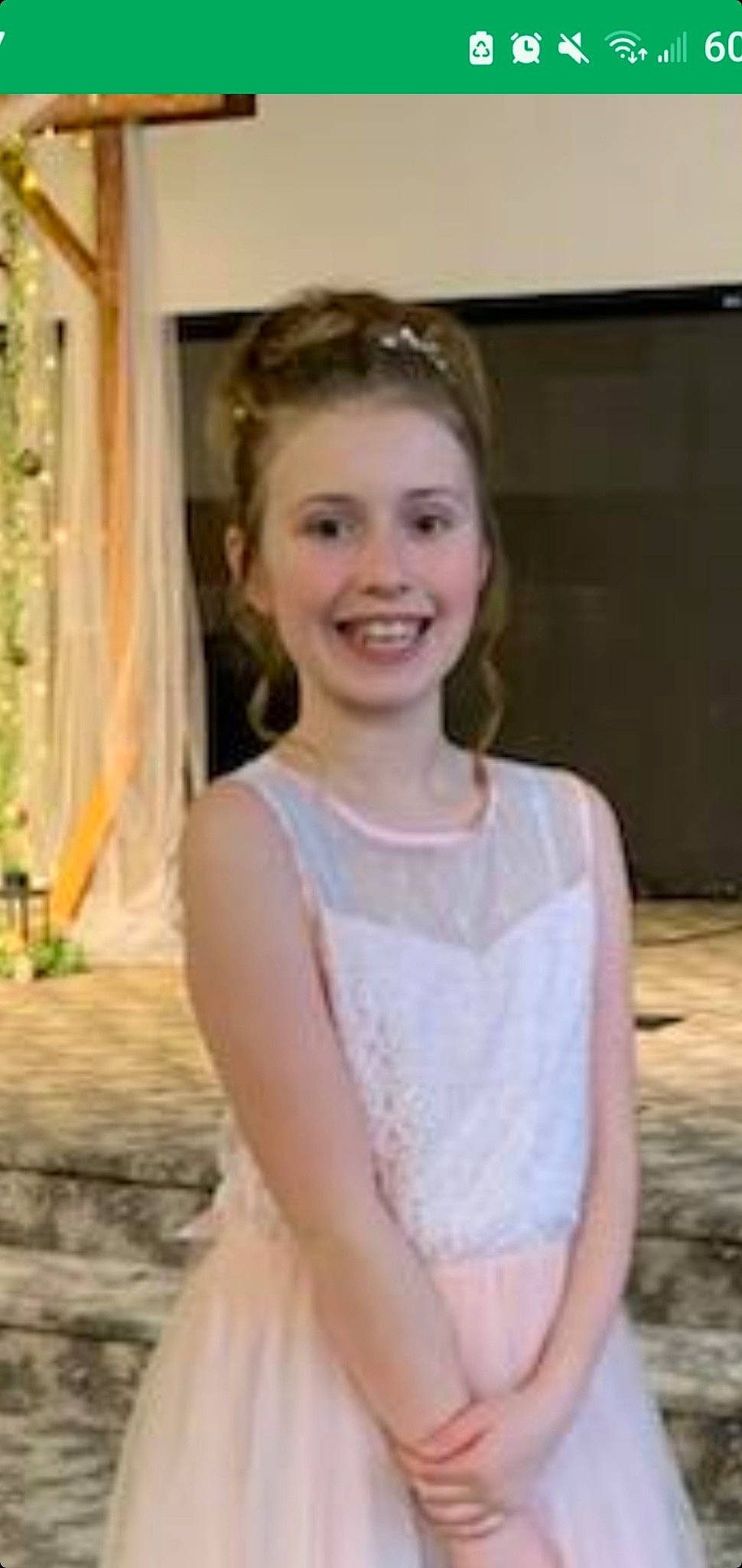 Khloee is registered to the contest to win money with this photo: blond, bridal_accessory, bridal_clothing, curtain, day_dress, dress, embellishment, event, fashion_accessory, formal_wear, gown, hair, happy, head, jewellery, joy, neck, person, plant, shoulder