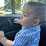 child, toddler, car, dashboard, shirt, blue_checkered, hand, face, side_view, sunlight, window, tree, seat, interior, curious, young, person, daylight, casual, exploring