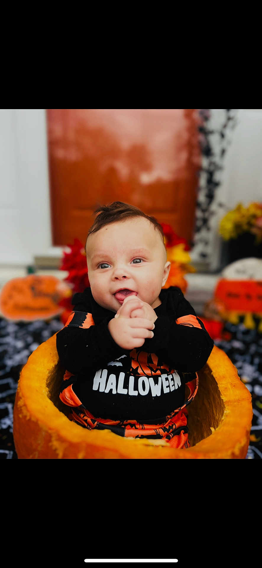 Ryker Luke joined the competition — help win amazing prizes! baby, pumpkin, halloween, costume, infant, holiday, orange, black_clothing, festive, smiling, hands, decoration, autumn, cute, celebration, indoors, child, seasonal, happy, portrait
