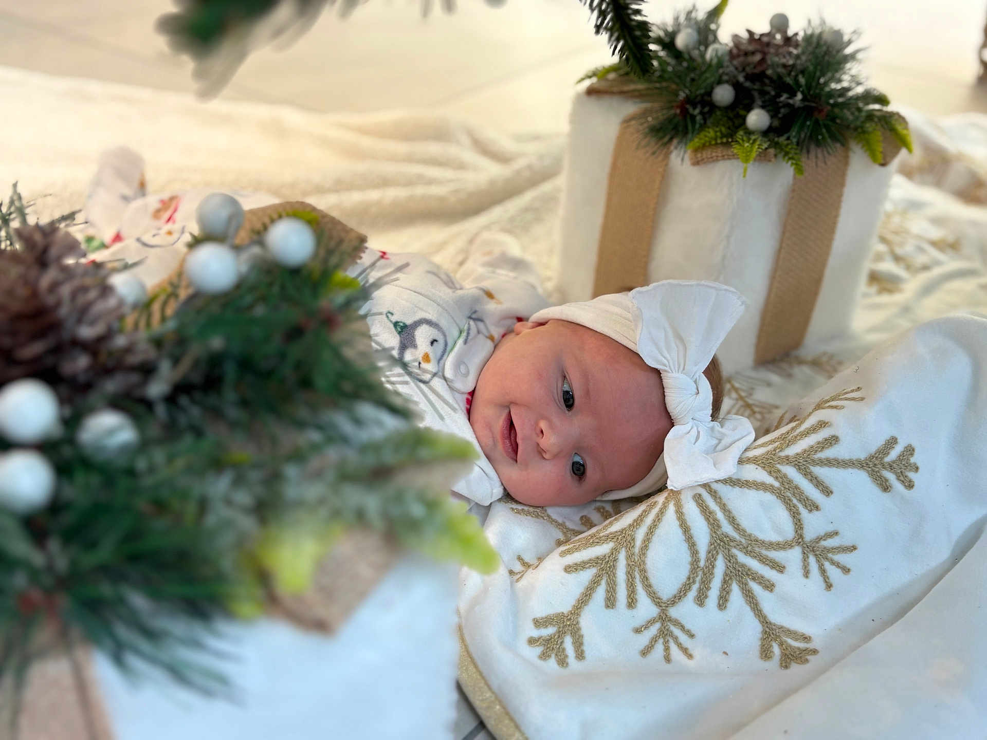 Nova is registered to the contest to win money with this photo: baby, infant, headband, smile, blanket, christmas_decor, pine_cone, gift_box, holiday, white_clothing, soft_texture, indoor, cute, festive, face, person, toddler, holiday_season, decorations, celebration