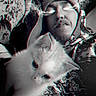 kitten, cat, fluffy, white_cat, person, portrait, selfie, indoors, bed, blanket, sleeping, beanie, cuddle, close_up, fur, eyes, 3d_effect, red_cyan, cozy, funny
