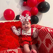 Alaiyah is registered to the contest to win money with this photo: baby, infant, child, bow, headband, red_dress, hearts_pattern, red_balloon, black_balloon, balloons, blanket, couch, smile, feet, sitting, valentines_decor, indoor, party_decor, cute, fabric_texture