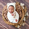 baby, newborn, sleeping, wrapped, blanket, basket, teddy_bear, stuffed_animal, cute, hat, infant, peaceful, soft, child, portrait, wooden_floor, cozy, resting, adorable, indoor