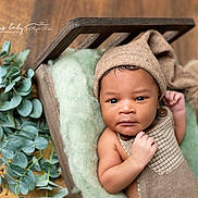 Moneii James joined the competition — help win amazing prizes! baby, infant, hat, pom_pom, wooden_bed, blanket, greenery, eucalyptus, soft_texture, portrait, cute, cozy, newborn, baby_clothing, wood_floor, natural_light, serious_expression, indoor, photo_studio, child