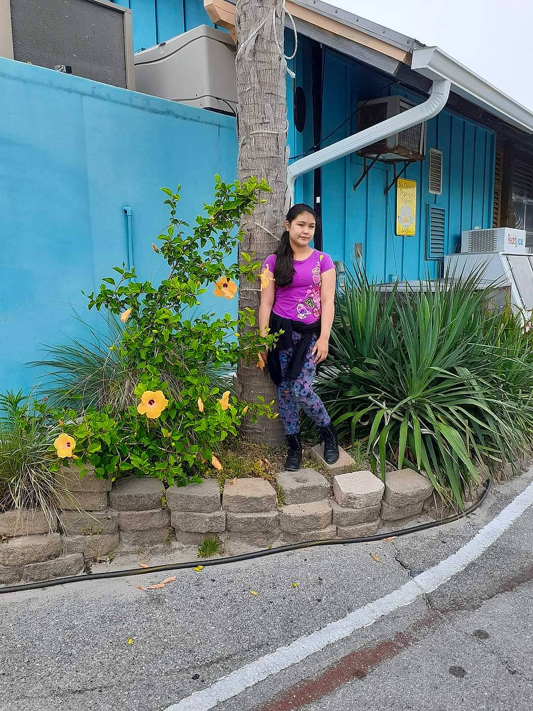Adrianna is registered to the contest to win money with this photo: asphalt, azure, building, electric_blue, facade, flower, grass, house, leisure, neighbourhood, person, plant, real_estate, residential_area, road_surface, shrub, sidewalk, smile, tree, wall