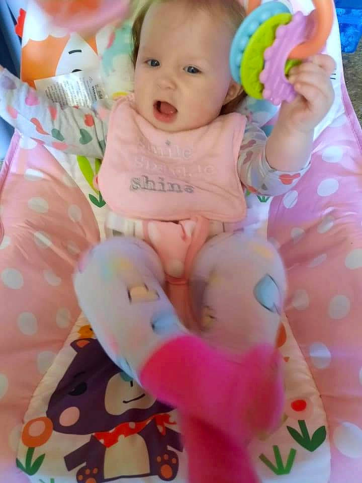 Layla joined the competition — help win amazing prizes! baby, baby_products, baby_toddler_clothing, beauty, cheek, child, finger, foot, happy, person, pink, product, sitting, skin, sleeve, smile, sock, textile, thumb, toddler