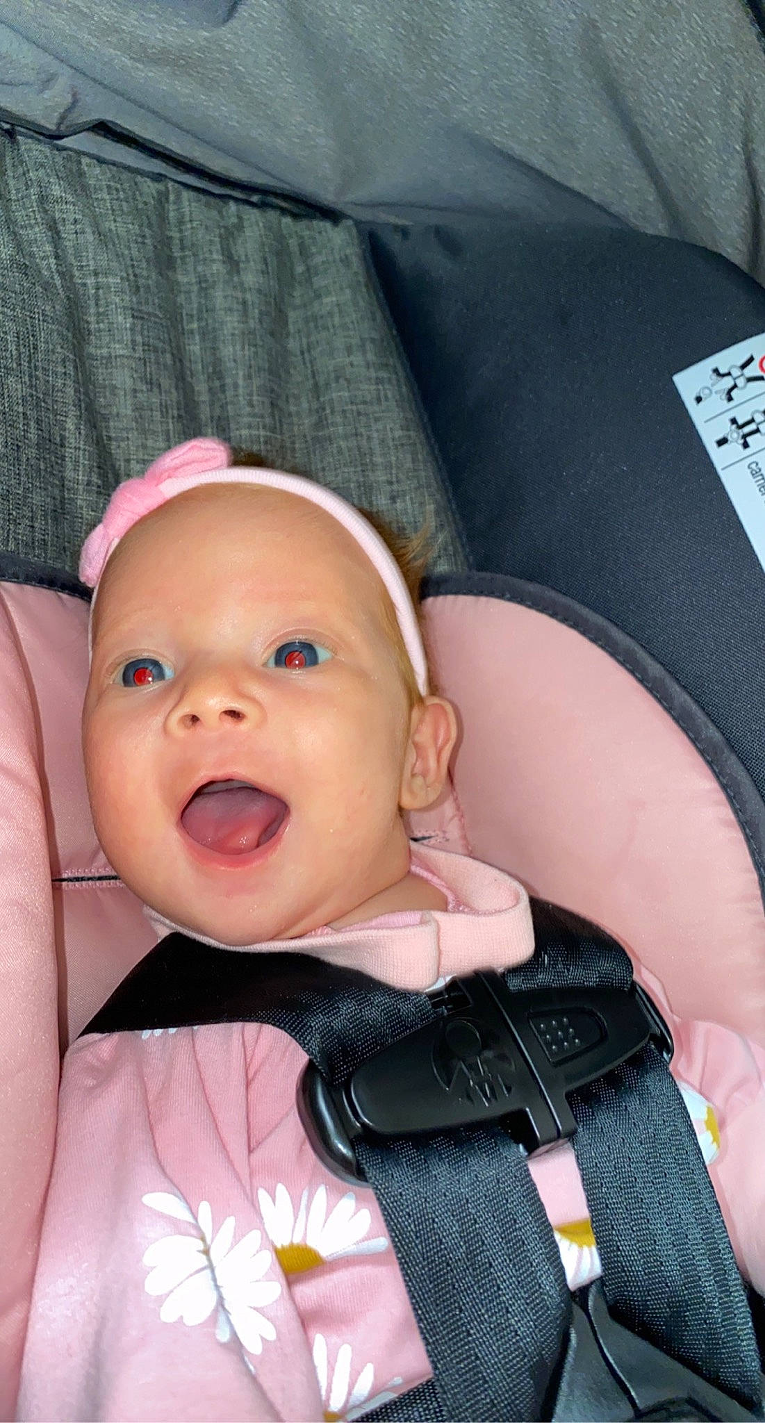 Emree joined the competition — help win amazing prizes! baby, baby_products, baby_toddler_clothing, car_seat, cheek, comfort, eye, eyebrow, eyelash, face, finger, happy, human_body, linens, lip, nose, person, pink, smile, surprise