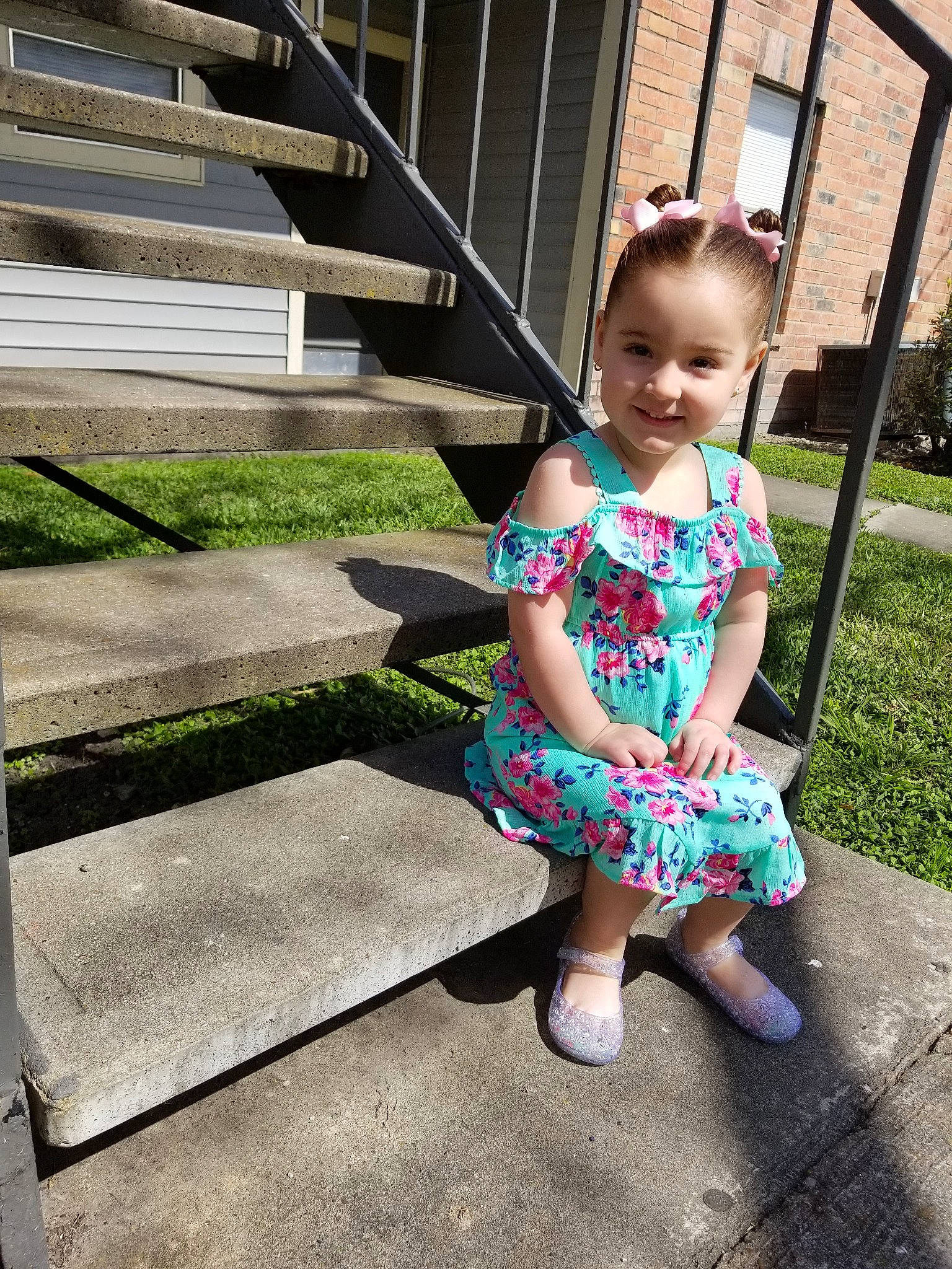 Hazelee is registered to the contest to win money with this photo: baby_toddler_clothing, child, design, dress, grass, joy, pattern, person, pink, plant, shoe, sitting, smile, summer, toddler, vacation