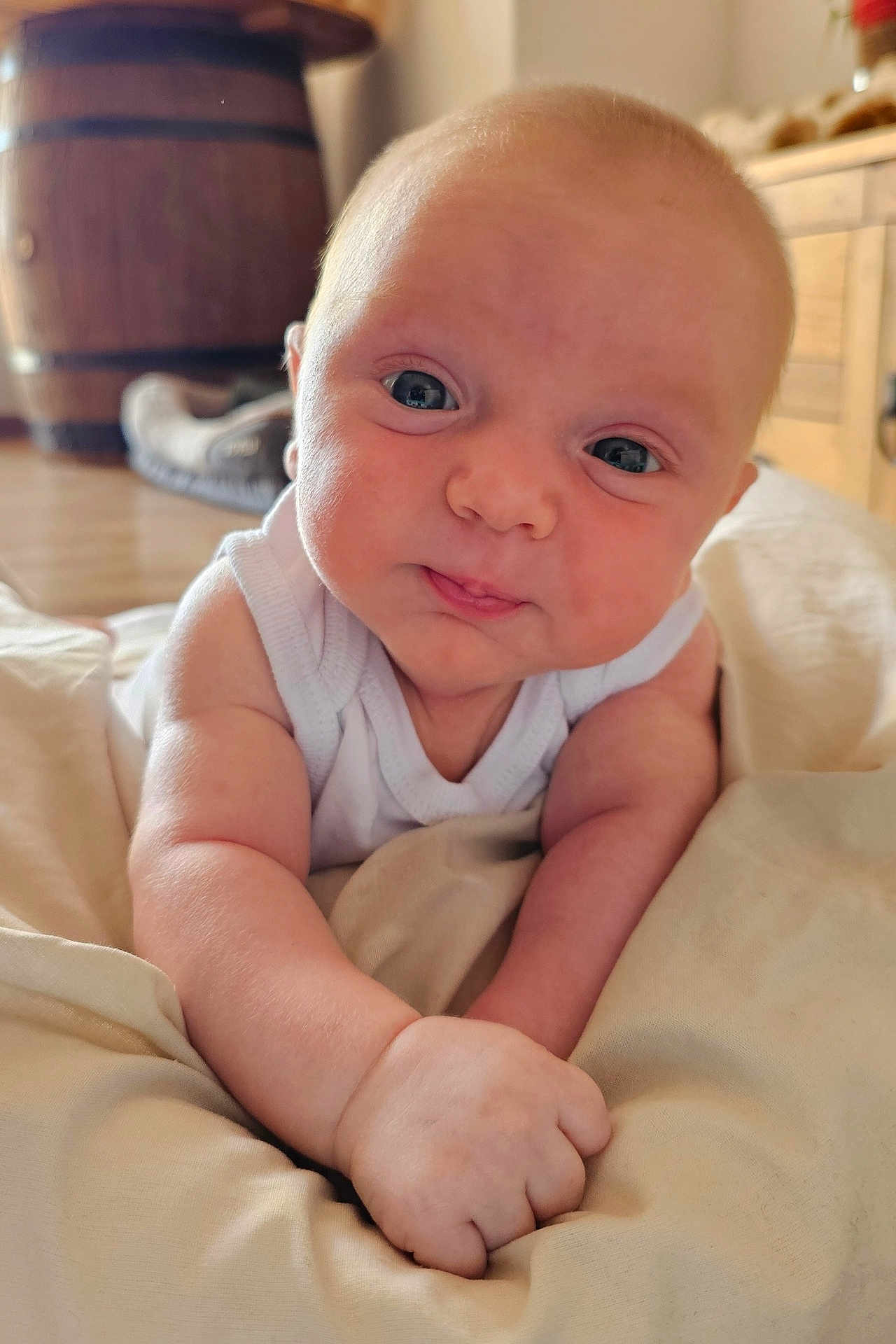 Santu participe au concours pour gagner de l'argent avec cette photo : baby, infant, child, face, cute, skin, arm, hand, blanket, white_clothing, indoors, floor, wood, furniture, expression, portrait, lying_down, closeup, curious, soft