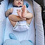baby, infant, stroller, cushion, pacifier, clothing, feet, face, person, child, playful, indoors, blanket, comfort, cute, soft_toy, blue, white, resting, young