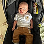 Ethan participe au concours pour gagner de l'argent avec cette photo : baby, infant, car_seat, blue_eyes, white_shirt, brown_pants, tongue_out, cute, child, indoor, play_mat, soft_toys, comfortable, seat_belt, newborn, person, smiling, clothing, floor, baby_gear
