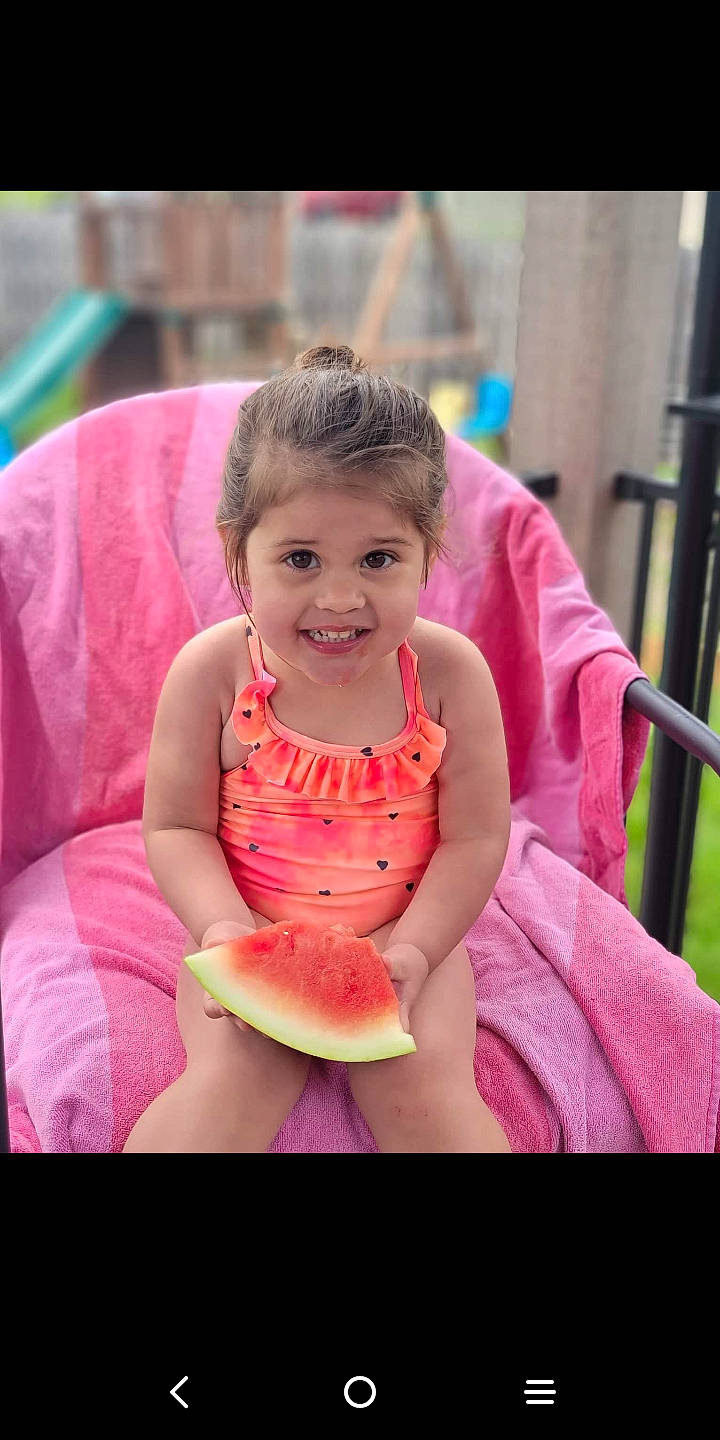 Johanna joined the competition — help win amazing prizes! arm, citrullus, dress, face, facial_expression, food, fruit, hair, happy, head, human_body, joy, lip, melon, person, photograph, pink, plant, skin, smile