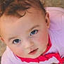 toddler, child, face, curly_hair, pink_clothing, red_collar, earring, looking_up, portrait, baby, cute, young_child, innocent, skin, eyes, expression, head, person, outdoor, close_up
