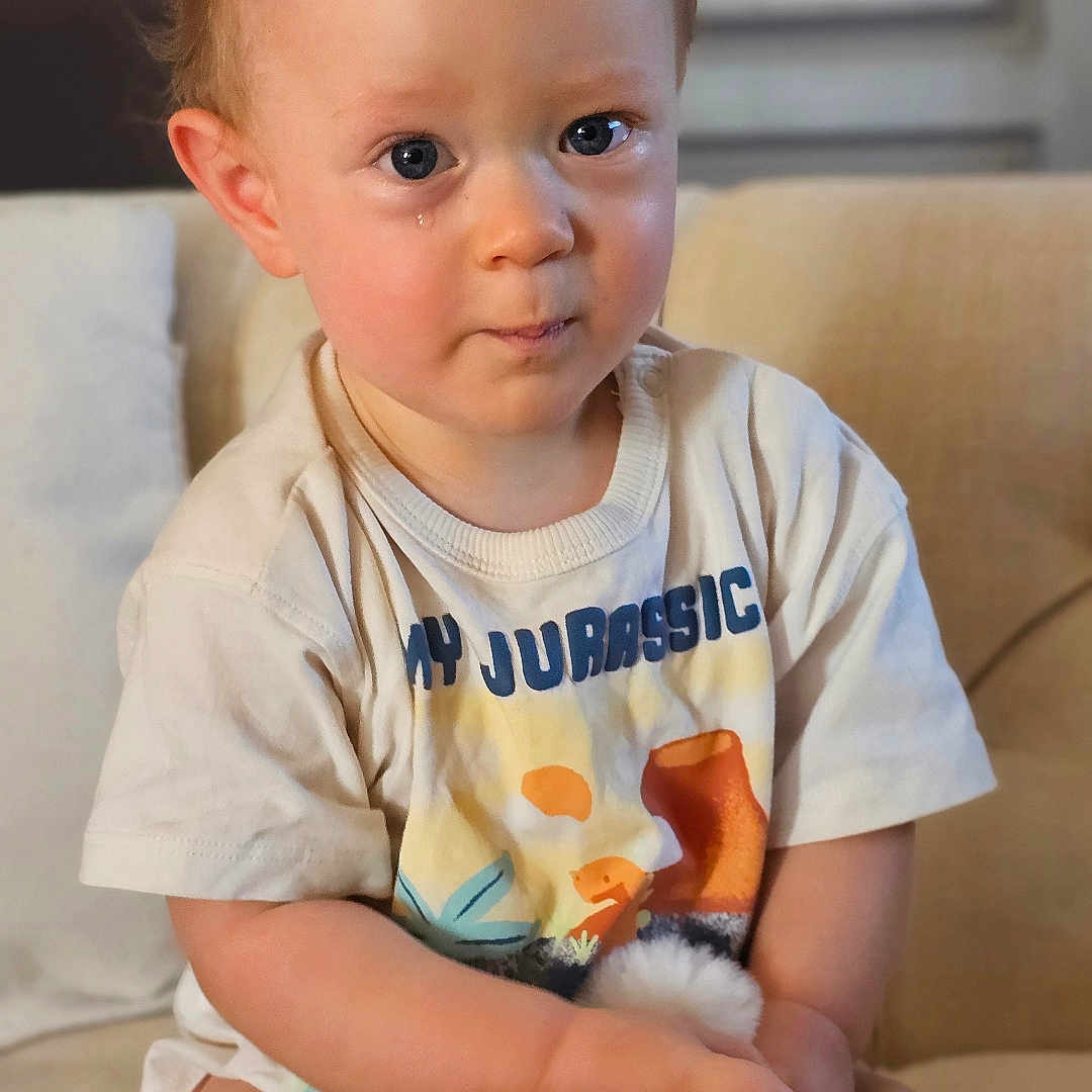 Fabriel participe au concours pour gagner de l'argent avec cette photo : toddler, child, indoor, couch, stuffed_animal, toy, tshirt, jurassic, cute, tear, expression, person, face, hair, skin, sitting, furniture, home, young, portrait